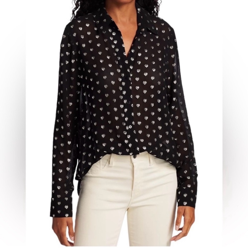 L’Agence Halie Top Blouse Size S Black With Embroidered Silver Hearts EUC